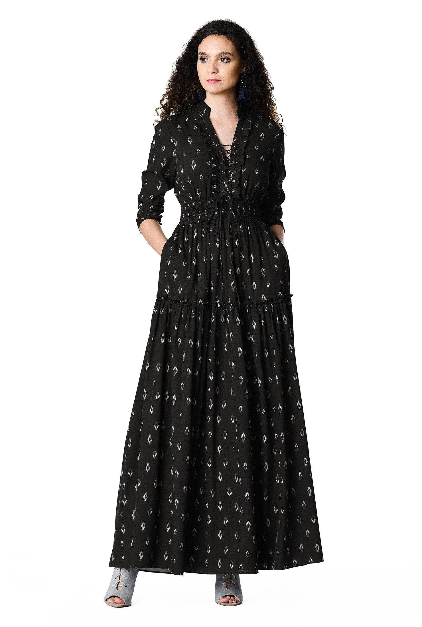 eShakti Women's Graphic print smocked waist crepe maxi dress | eShakti