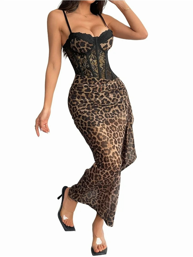 Women'S Summer Leopard Print Off Shoulder Dress, Waist Bodycon Long, Mesh Layers Brown M | Walmart (US)
