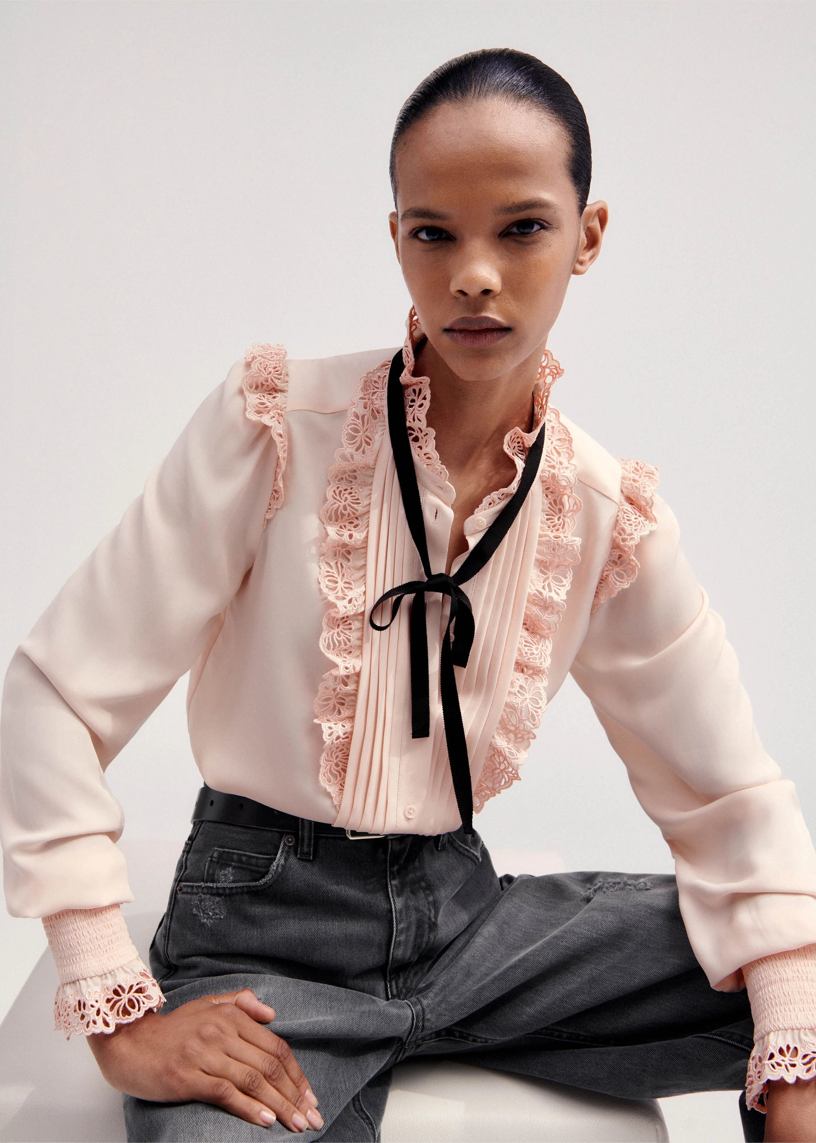 Women's Pink Silk Broderie Trim Blouse + Tie | ME+EM | ME+EM US