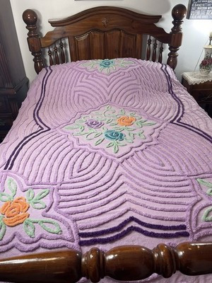 Vintage Purple Chenille Bedspread  With Flowers Size Queen | eBay US