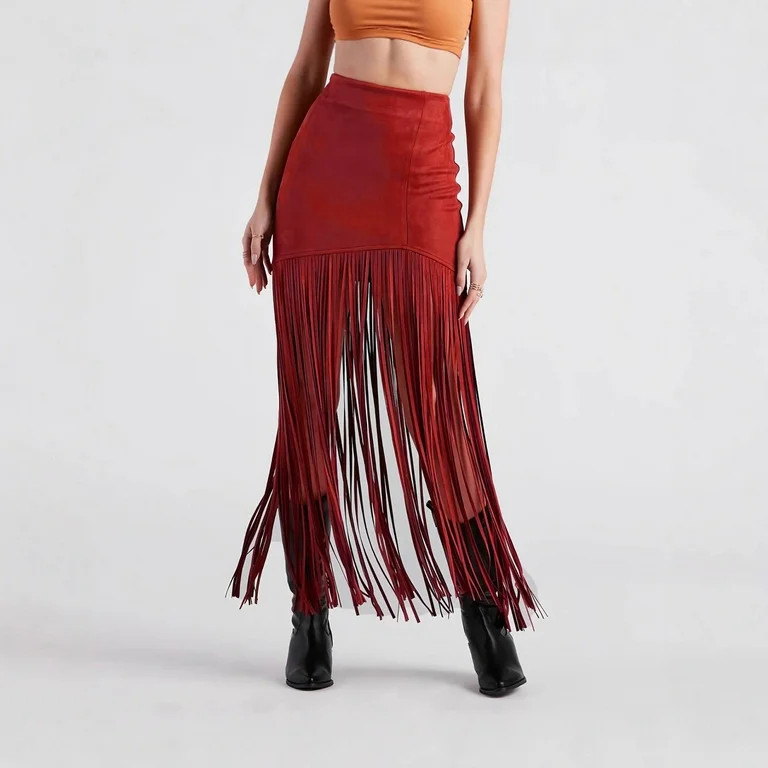 hoksml Women's Faux Suede Fringe Maxi Skirt, High Waist Bodycon Skirt with Back Zipper for Wester... | Walmart (US)