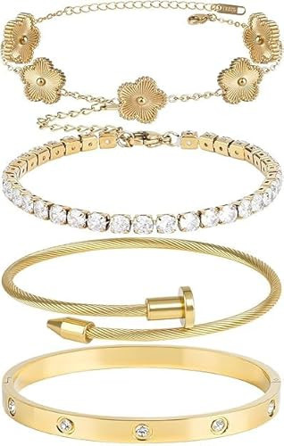 Hidaily 4Pcs Love Bracelet Set, Gold Plated Bracelet Sets, Adjustable Gold Stack Bracelets for Women Jewelry Gift (Gold) | Amazon (US)