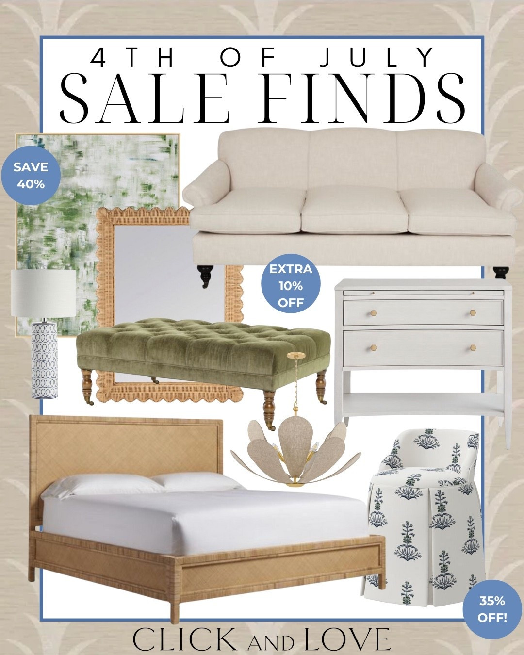 4th of July home decor and furniture sale finds!! I love this vanity stool find that is marked down!

One kings lane, wide ottoman, rolling ottoman, nightstand, bedside table, primary bedroom, bedroom furniture, bed frame, rattan bed frame, sconce lighting, scalloped mirror, rattan mirror, sofa, neutral sofa, rolling sofa, art, lamp, lighting, pendant light, petal chandelier, stool, makeup chair, wall art, wall decor, abstract art, Living room, bedroom, guest room, dining room, entryway, seating area, family room, Modern home decor, traditional home decor, budget friendly home decor, Interior design, shoppable inspiration, curated styling, beautiful spaces, classic home decor, bedroom styling, living room styling, style tip, dining room styling, look for less, designer inspired, sale, sale find, sale alert

#LTKSaleAlert #LTKStyleTip #LTKHome