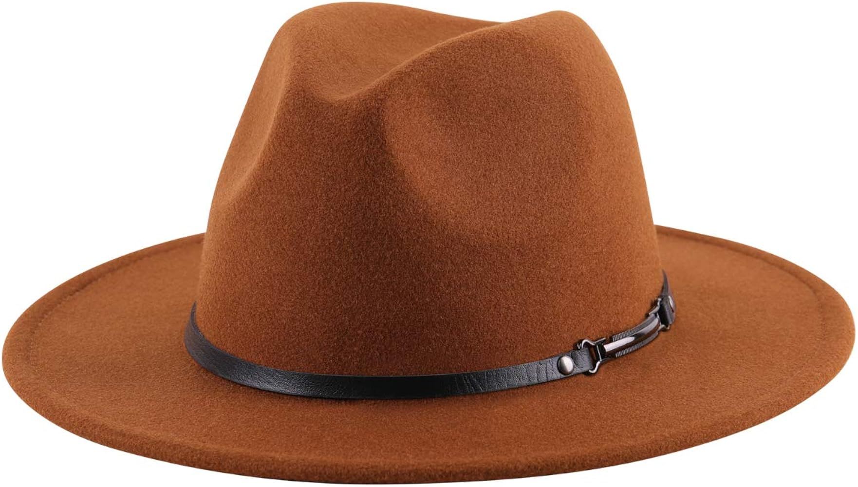 Lanzom Women Wide Brim Warm Wool Fedora Hat Retro Style Belt Panama Hat | Amazon (US)