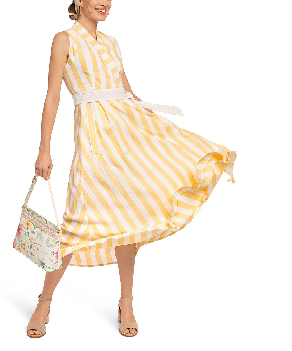 Spartina 449 Women's Casual Dresses - Lemon Yellow & White Stripe Linen-Blend Wrap Dress - Women | Zulily