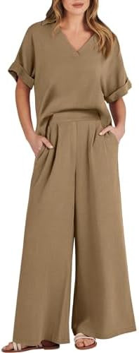 ANRABESS Conjunto feminino de 2 peças de verão casual de manga curta com decote em V e calças ... | Amazon (BR)