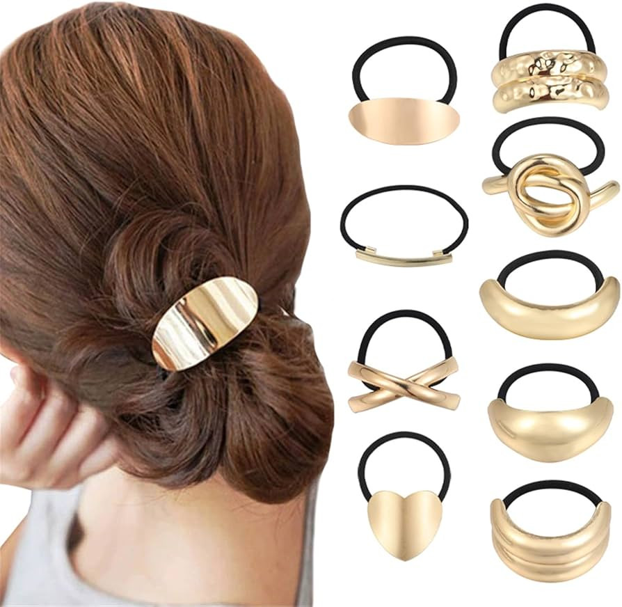 Metal Hair Ties, Gold Hair Cuffs, Metal Geometric Elastic Hair Ties, Hair Cuff Wrap for Thick Hai... | Amazon (US)