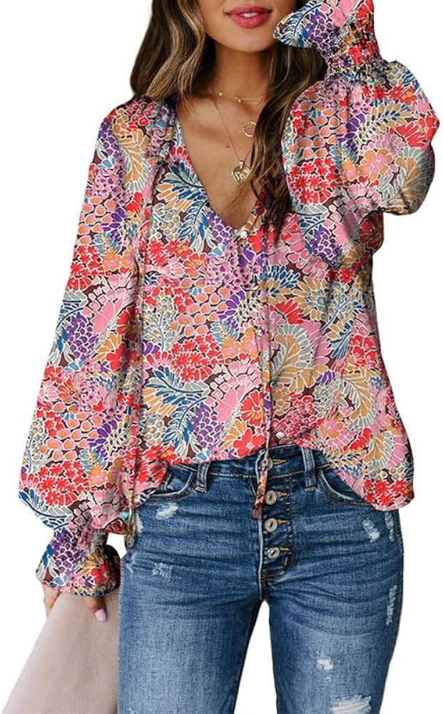 Biucly Women's Casual Boho Floral Print V Neck Long Sleeve Drawstring Tops Loose Blouses Button D... | Amazon (US)