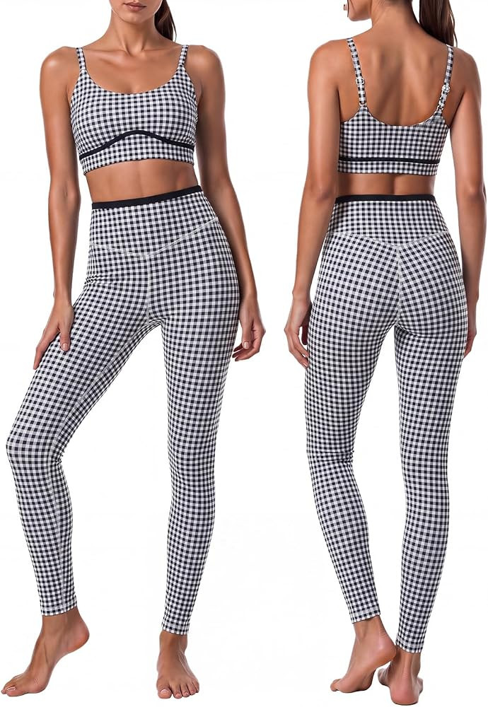 Aoysky Womes Gingham Workout Sets 2 Piece Outfits Gym Yoga Legging Set | Amazon (US)