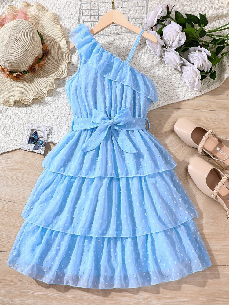 Girls Swiss Dot Ruffle Trim Layer Hem Belted Dress | SHEIN