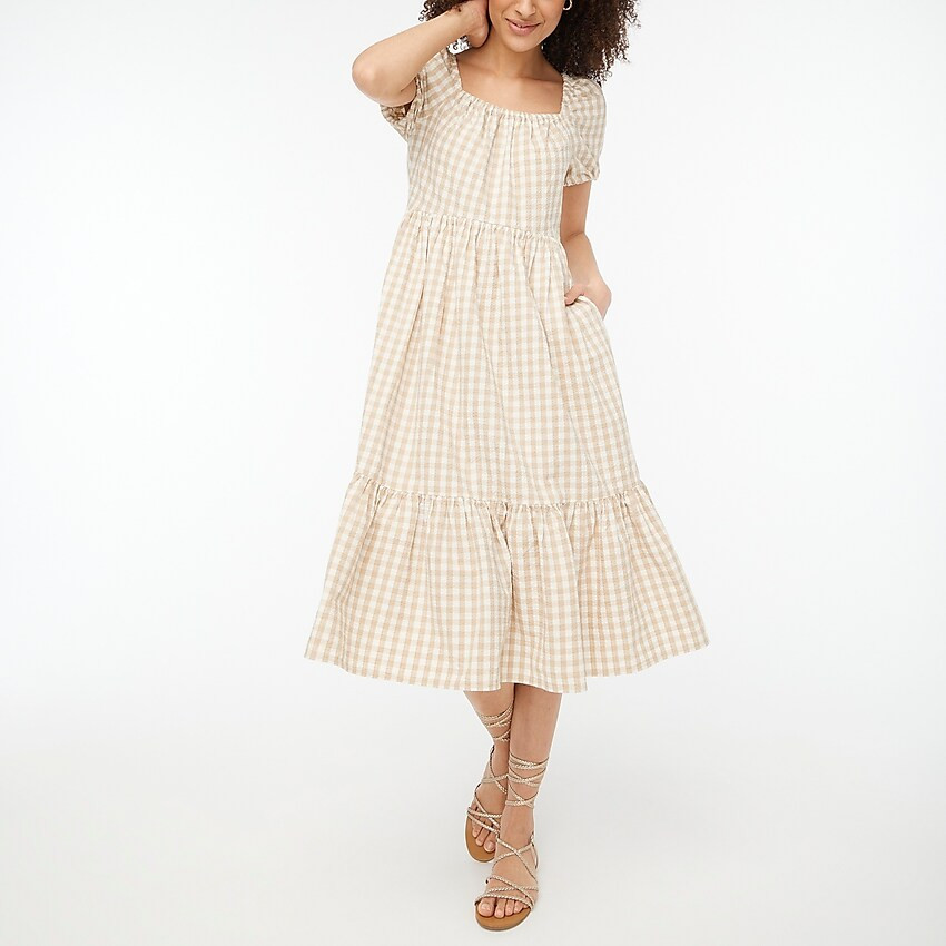 Gingham puff-sleeve tiered midi dress | J.Crew Factory