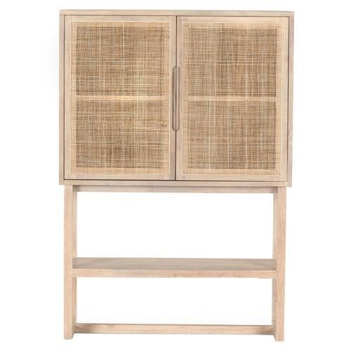 Marina Coastal Beach Whitewash Mango Wood Natural Woven Cane 2 Door Bar Cabinet | Kathy Kuo Home