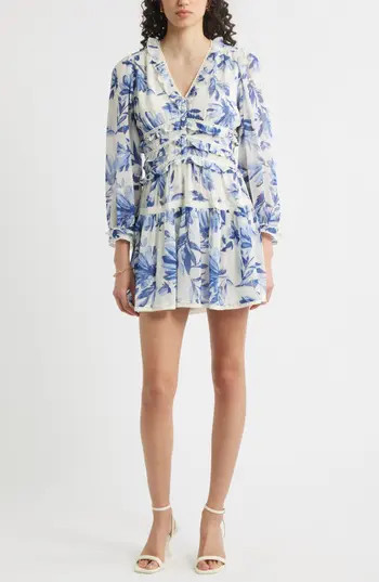 Chelsea28 Long Sleeve Ruffle Trim Minidress in Ivory - Blue Adeline Floral at Nordstrom Rack, Size Medium | Nordstrom Rack