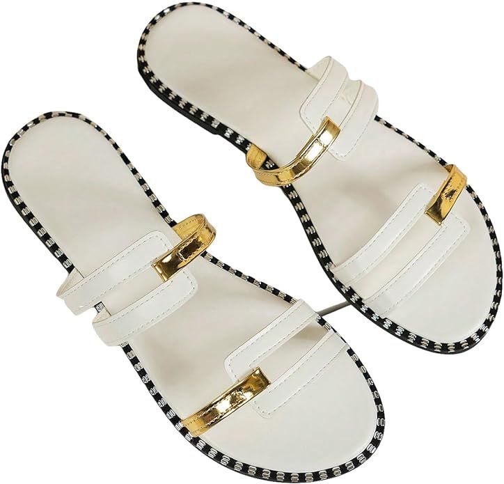 GORGLITTER Women's Flat Sandals Fashion Two Strap Sandals Metallic Strappy Sandals | Amazon (US)