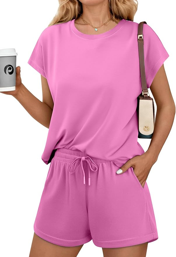 PINSPARK 2 Piece Sets for Women Summer Crewneck Matching Shorts Lounge Set with Pockets Casual Tr... | Amazon (US)