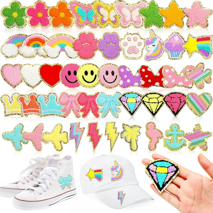 48 Pcs Iron on Patches Self Adhesive Chenille Patches for Backpacks Applique Patches Rainbow Hear... | Amazon (US)