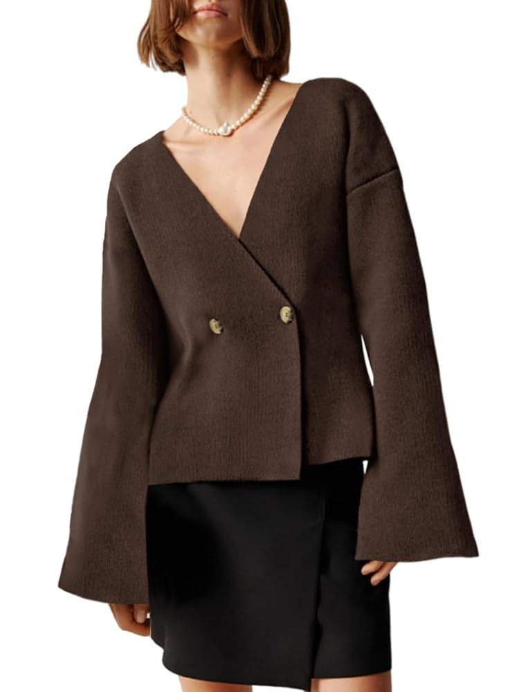 Saodimallsu Womens V Neck Cardigans Long Bell Sleeve Button Down Open Front Loose Knit Fall Sweat... | Amazon (US)