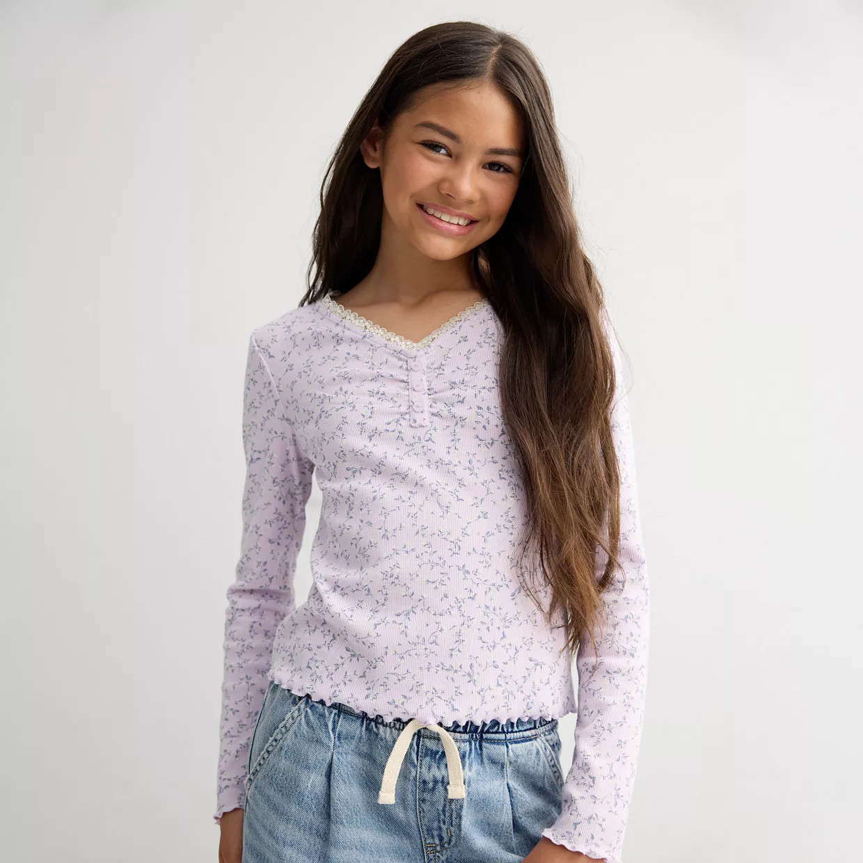 Girls 6-20 SO® Lace Trim Long Sleeve Henley in Regular & Plus Size | Kohl's