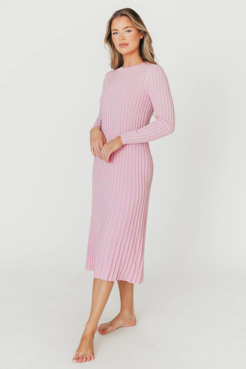 Lacey Long Sleeve Ribbed Sweater Midi Dress in Pink | Worth Collective