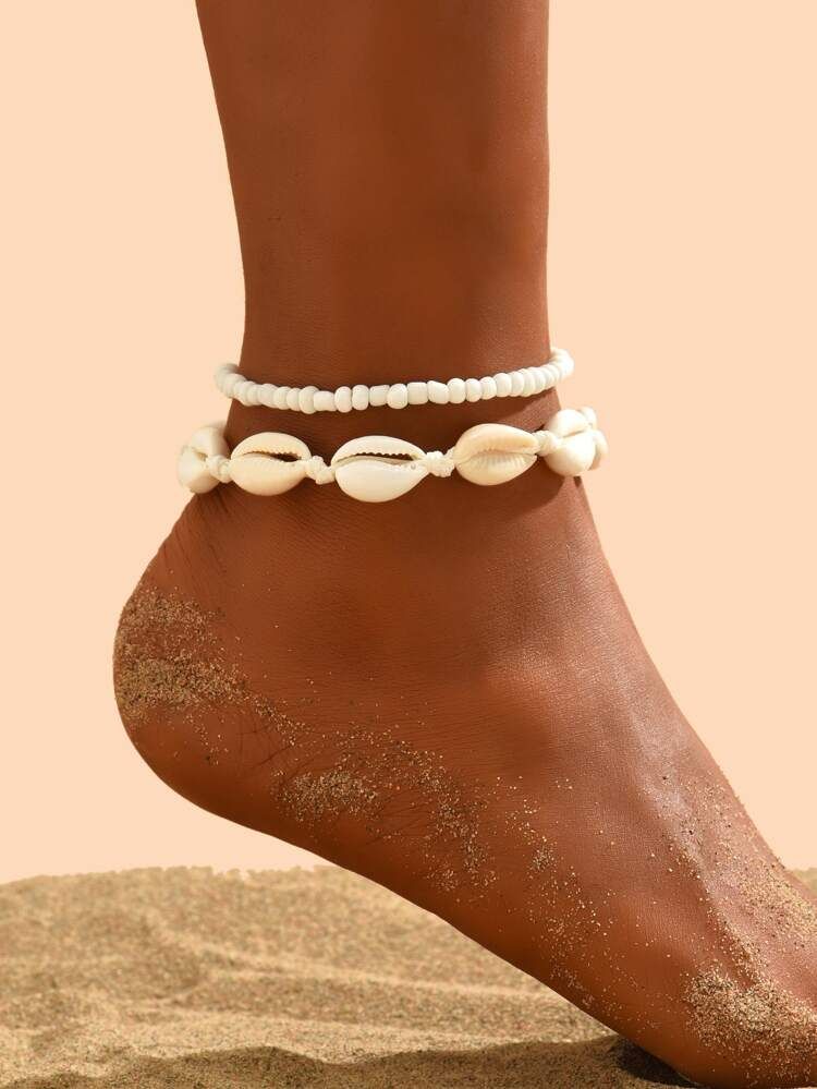 2pcs Shell & Bead Decor Anklet | SHEIN