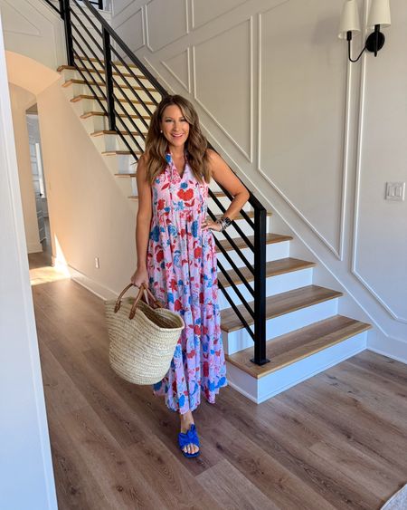 In a medium colorful floral maxi, bow slide sandals, tote and accessories for spring - all fits TTS.

#LTKstyletip #LTKfindsunder50 #LTKSeasonal