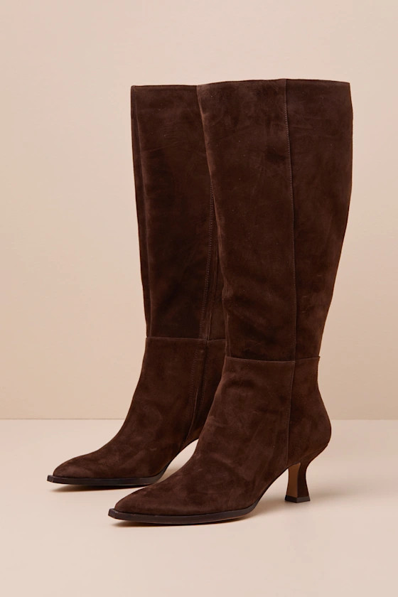 Auggie Wide Calf Dark Brown Suede Pointed-Toe Knee-High Boots | Lulus