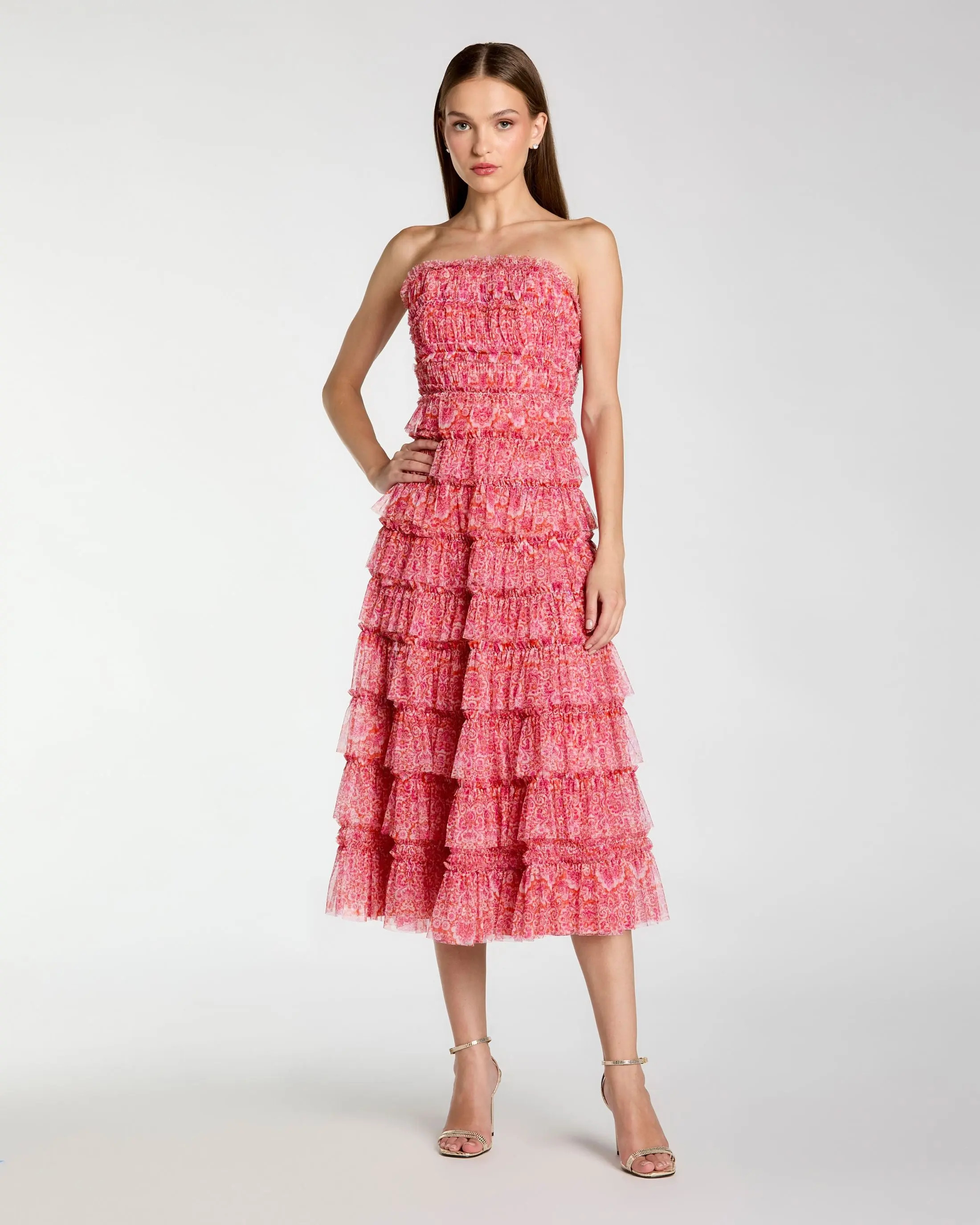Pink Floral Strapless Ruffle Maxi Dress | Mac Duggal | Mac Duggal