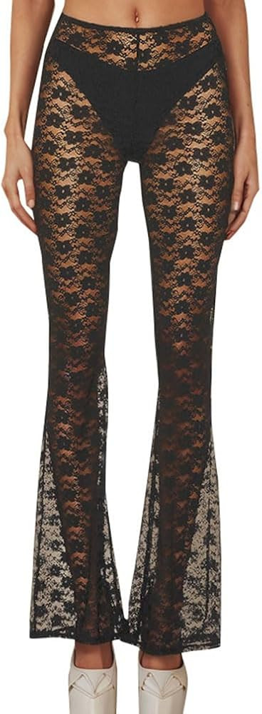 Women's Black Floral Lace Bell Bottom See Through Elastic Hollow Out Sheer Mesh Leg Cover Up Cost... | Amazon (US)