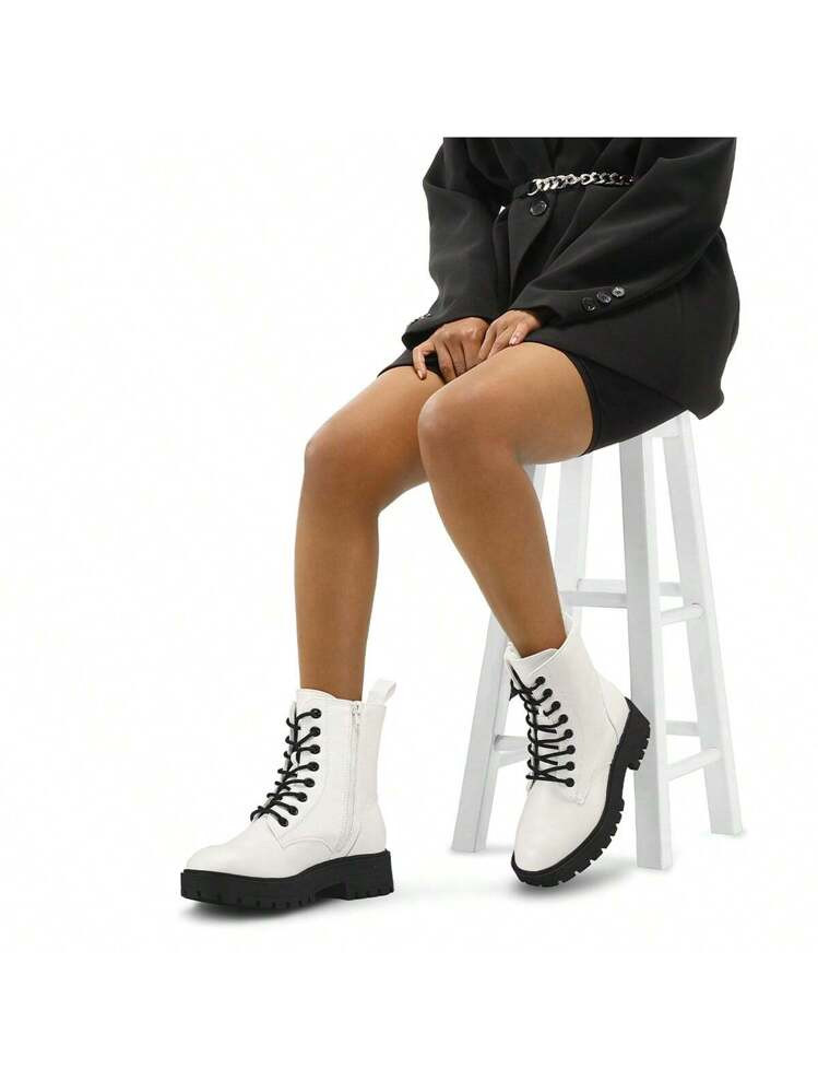 PENNYSUE Women Combat Boots Lace-Up Ankle Booties Chunky Low Heel With Side Zipper Shoes | SHEIN