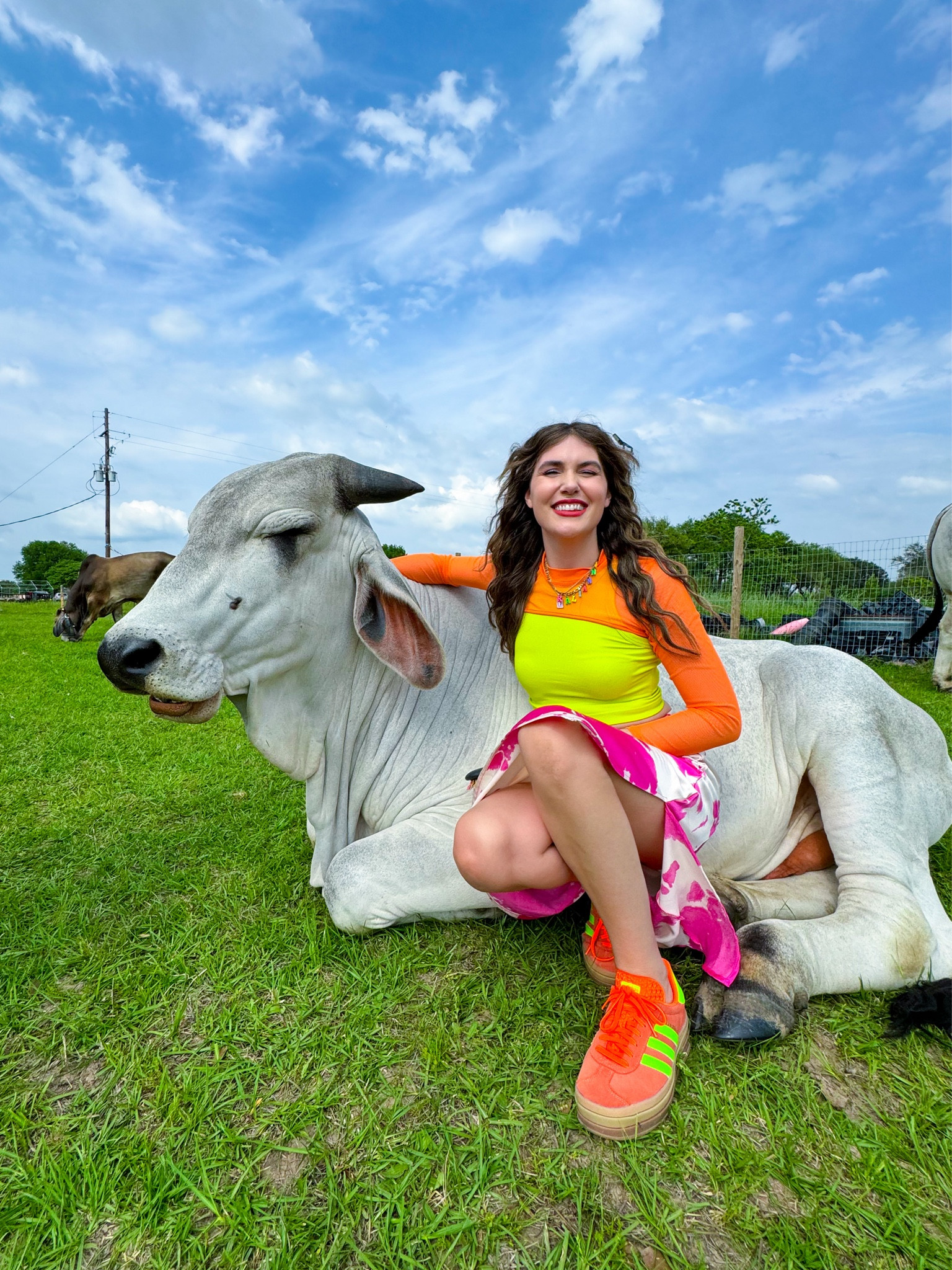 Just a casual day getting to hang out with cows 🤩🐄 This colorful outfit was perfect for this day- plus it’s extra comfy! I’m wearing a 9.5 in the shoes & a small on the mesh crop! Both fit true to size 🧡