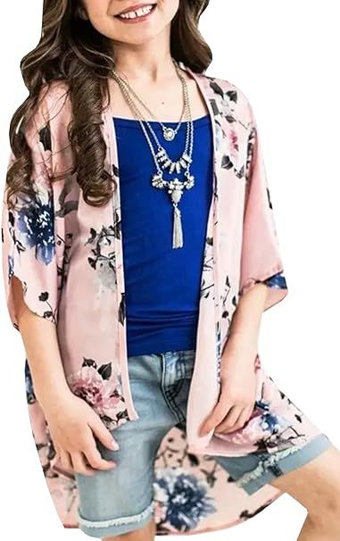 Geckatte Girls Boho Floral Kimono Cardigan Capes Summer Batwing Sheer Cover Up Blouse Tops | Amazon (US)