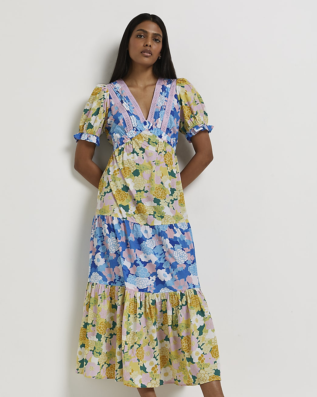 River Island Womens Yellow mixed floral tiered maxi dress | River Island (US)