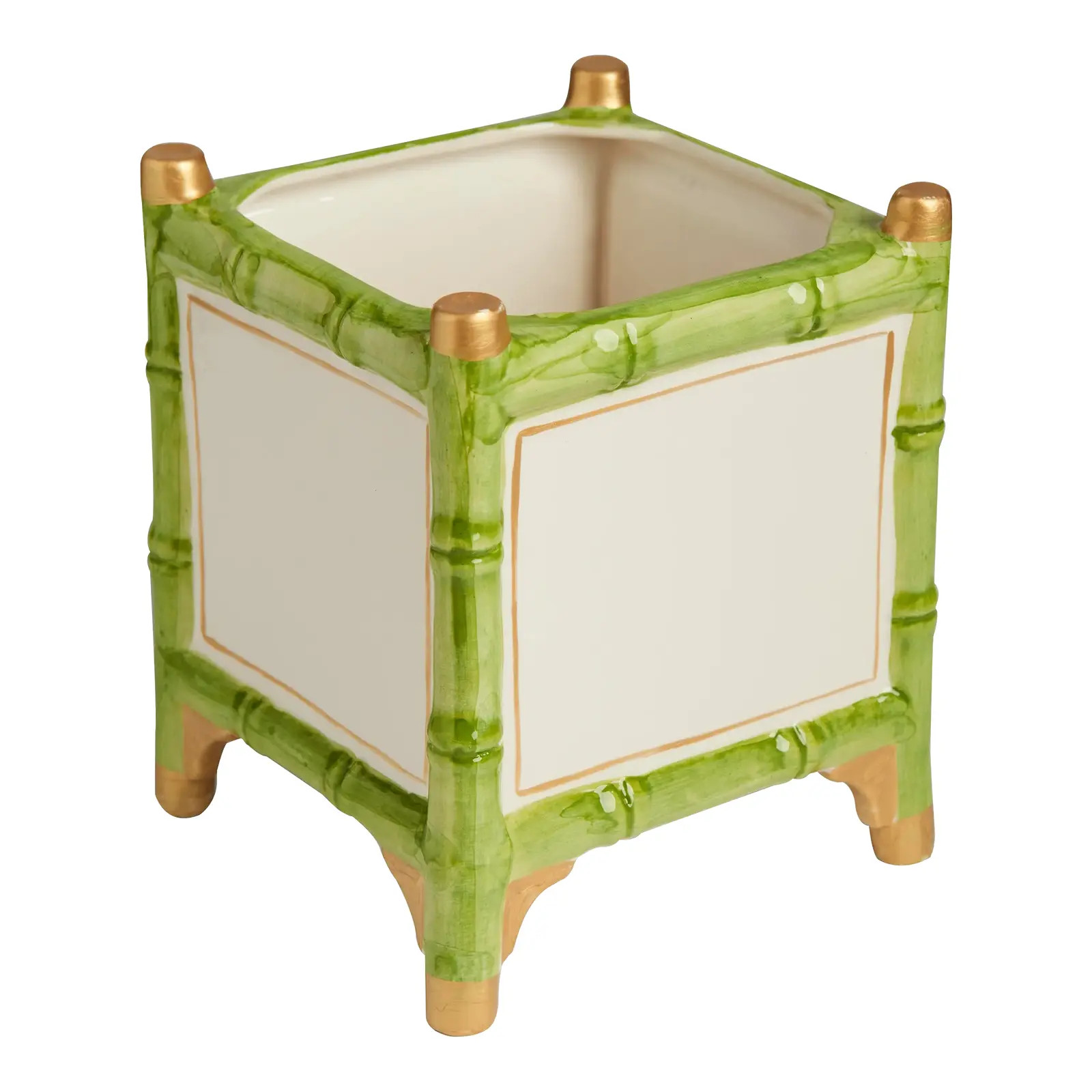 Bamboo Cachepot, Green/White/Gold, Large | Chairish