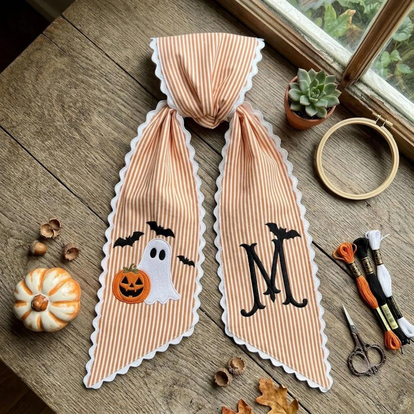 Personalized Halloween Wreath Sash, Monogram Ghost Pumpkin Door Decor, Embroidered Striped Fall R... | Etsy (Global)
