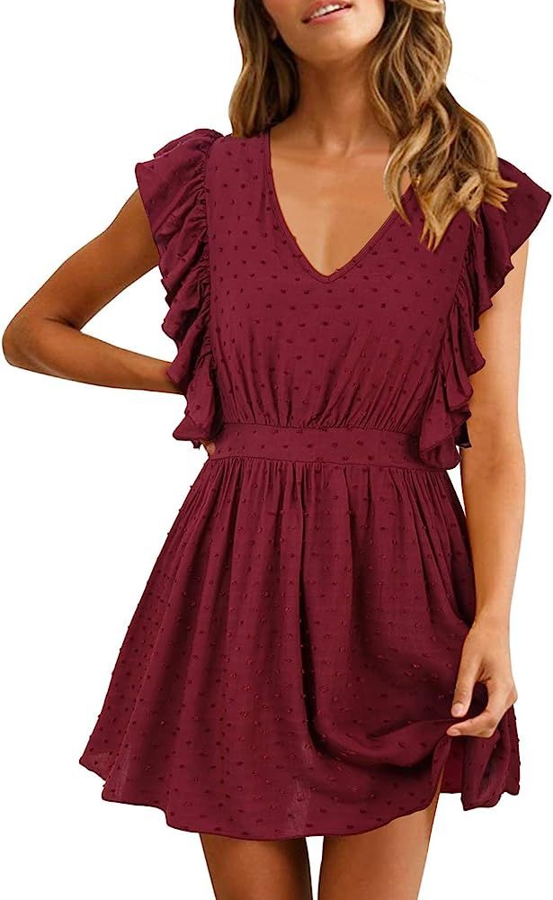 Women's Casual Summer V Neck Ruffle Sleevesless Stretchy Swing Cocktail Party Mini Dress | Amazon (US)