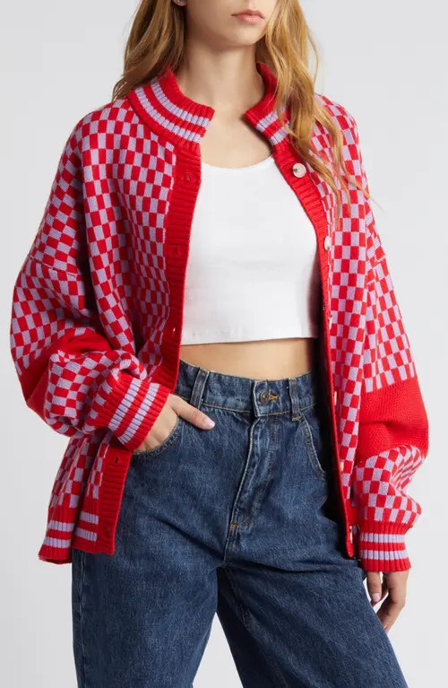 Dressed in Lala Grandpa Double Knit Jacquard Cardigan in Red + Purple at Nordstrom, Size Large | Nordstrom