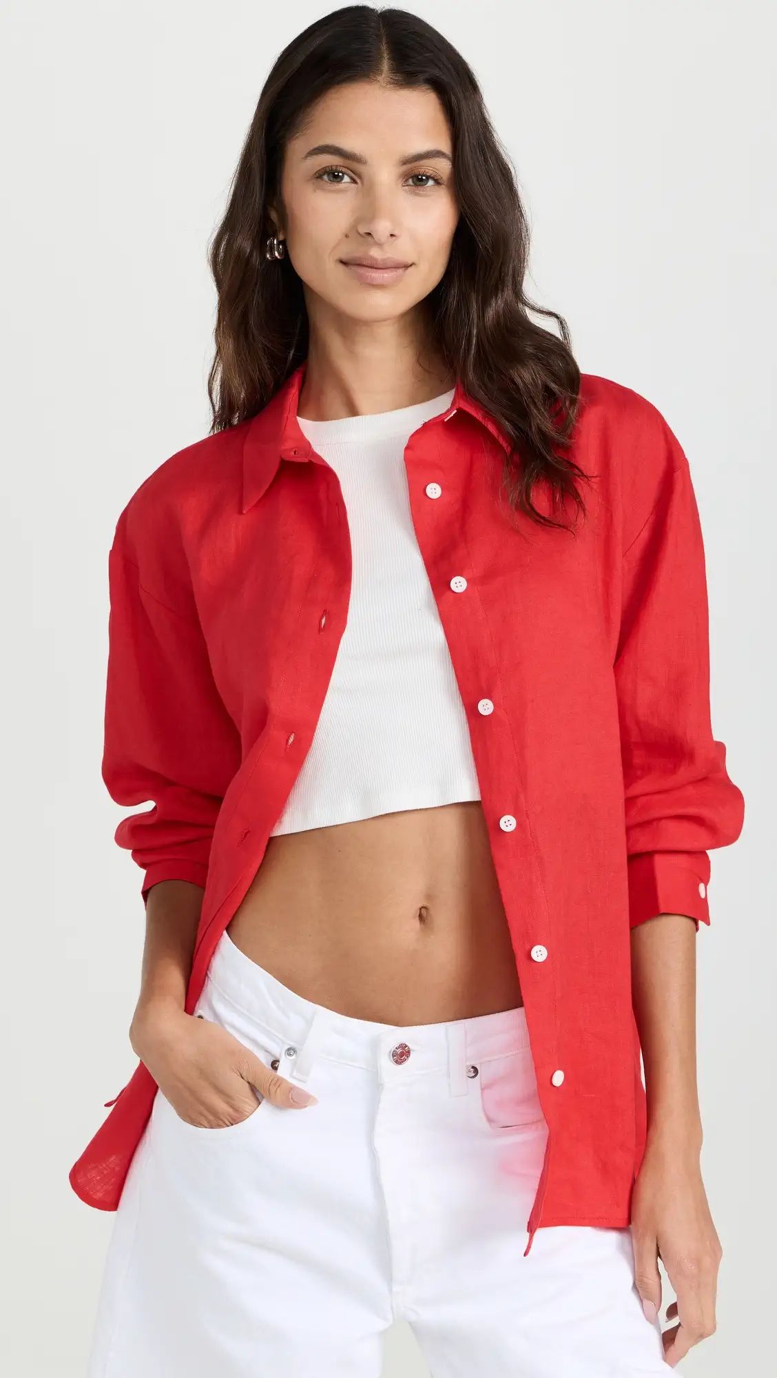 Pixie Market Red Linen Baggy Shirt with Ecru Buttons | Shopbop | Shopbop