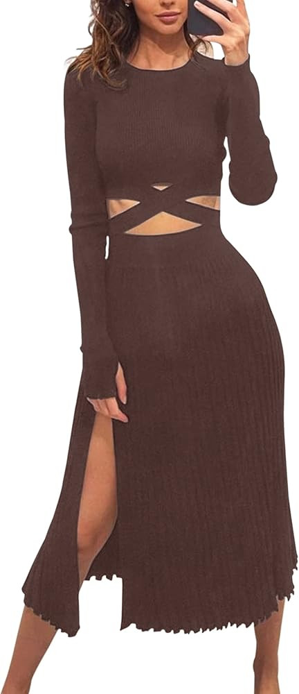 Meladyan Women 2 Piece Dress Outfits Sexy Knit Pleated Skirt Tie Back Long Sleeve Crop Top Shirt ... | Amazon (US)
