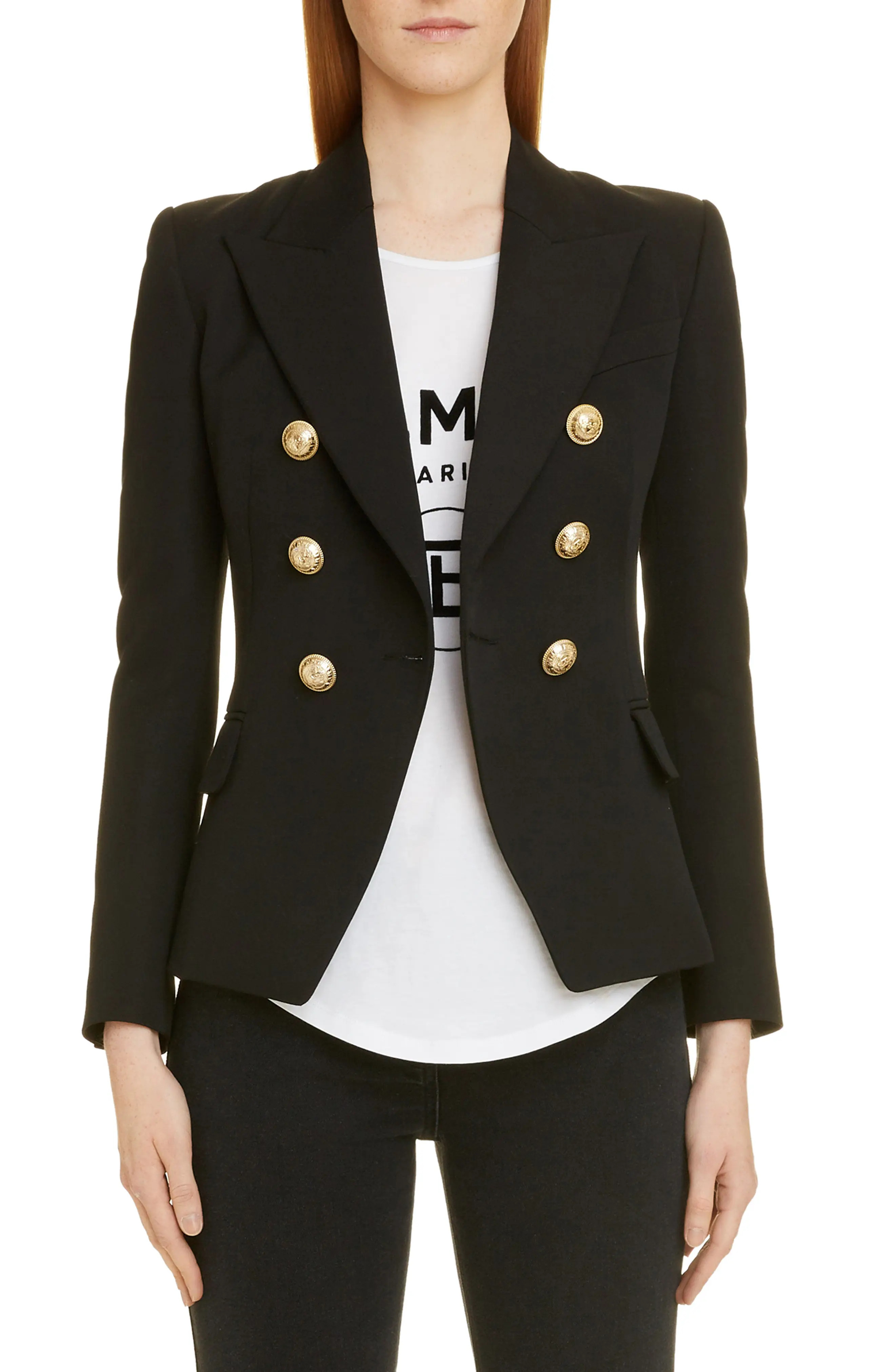 Women's Balmain Double Breasted Wool Jacket, Size 8 US / 40 FR - Black | Nordstrom