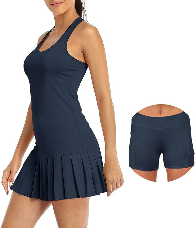icyzone Tennis Dress for Women with Shorts, Workout Exercise Athletic Racerback Tennis Outfits | Amazon (US)