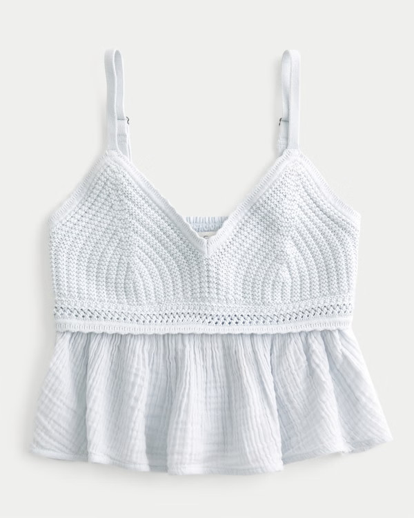Easy Crochet-Style Gauze Babydoll Top | Hollister (US)