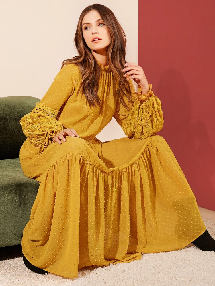 SHEIN Lace Lantern Sleeve Swiss Dot Flounce Dress | SHEIN