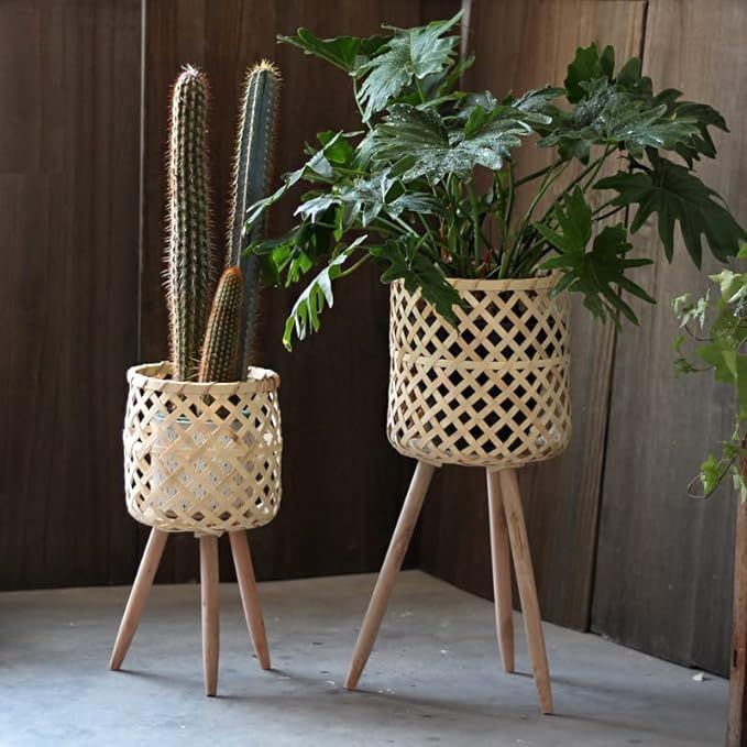 RISEON Set of 2 Handmade Mid Century Modern Planter, Rustic Indoor Rattan Basket Flower Pot Plant... | Amazon (US)