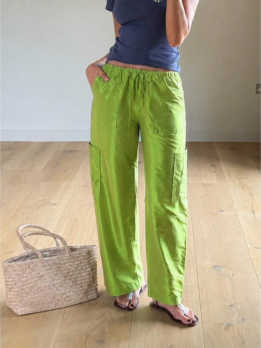 LocalWomen Shiny Satin Wide Leg Cargo Pants Drawstring Elastic Waist Multi Pocket Loose Straight ... | SHEIN