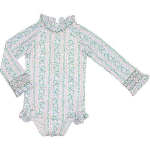 Pink And Green Floral Vines Smocked Rashguard Swimsuit | Cecil and Lou