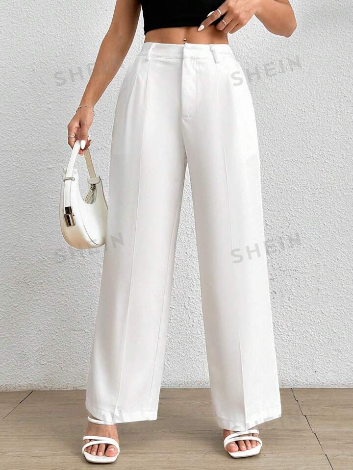 SHEIN PETITE Women's Solid Color Pleated LooseWhite Pants | SHEIN