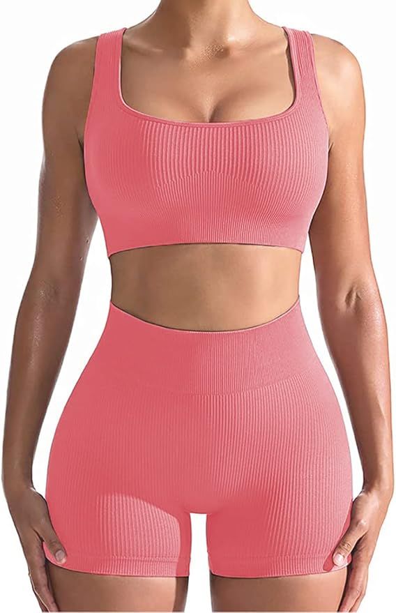 Workout Sets for Women, Seamless Crop Tops Leggings Matching 2 Pieces Outfits, Sexy Two Piece Yog... | Amazon (US)