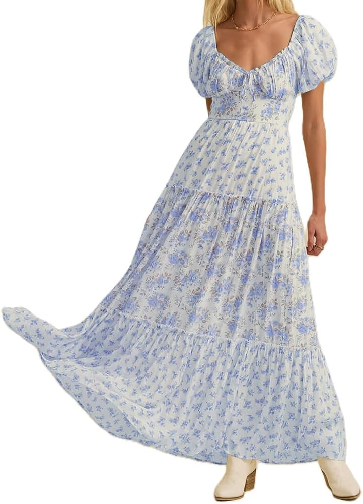 Women Summer Floral Maxi Dress Patchwork Puff Short Sleeve V Neck Sundress Flowy Tiered Garden Ca... | Amazon (US)