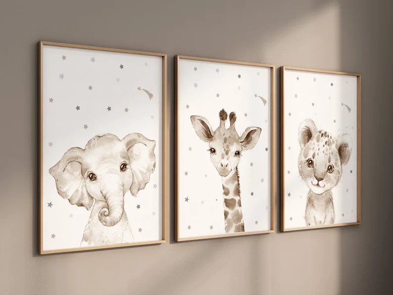 Nursery decor elephant and giraffe, animal nursery prints, grey nursery, neutral nursery, baby ro... | Etsy (US)