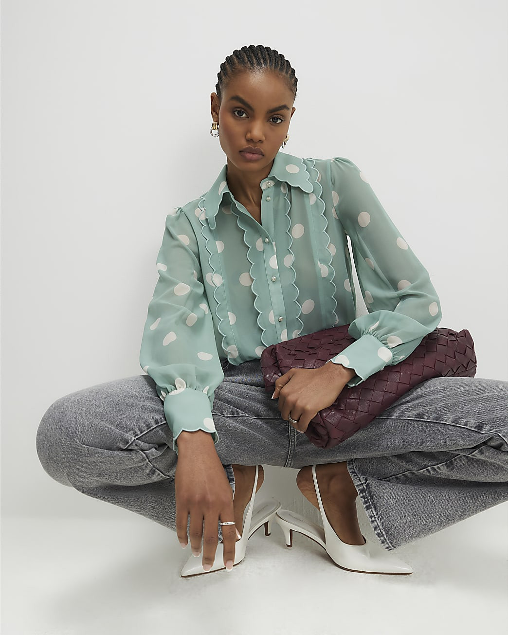 Blue Spot Print Scallop Trim Shirt | River Island UK & IE